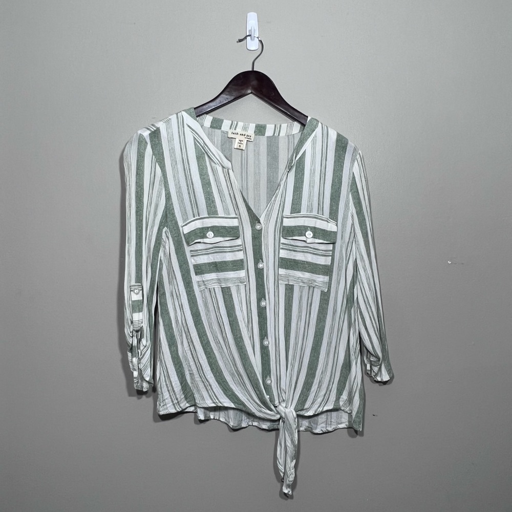 White & Green Striped Buttoned Down Blouse
